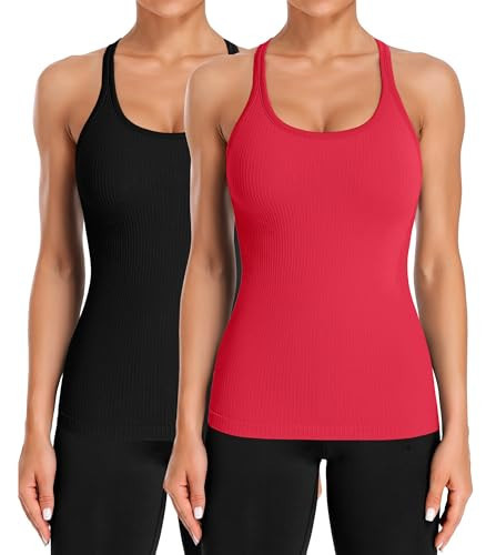 ATTRACO Athletic Tank Tops for Women Seamless Sports Bra Tank Sleeveless Workout Top L Black/Red | Amazon (US)