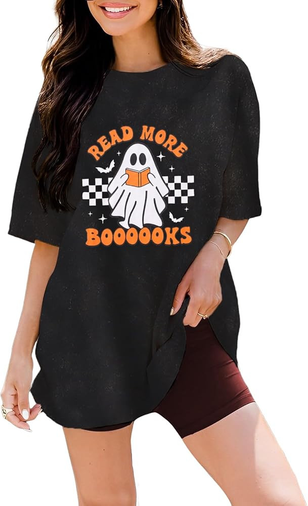 CM C&M WODRO Halloween Teacher Shirts for Women Oversized T-Shirt Read More Books Ghost Vintage G... | Amazon (US)