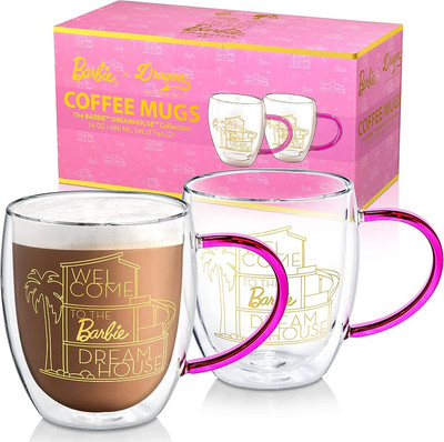 Dragon Glassware x Barbie Glass Coffee Mugs, Barbie Dreamhouse Collection, Clear Double Wall Insu...