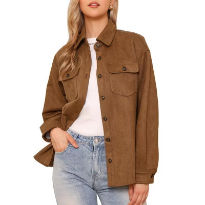INSPIRE CHIC Women's Faux Suede Turn-Down Collar Long Sleeve Casual Button Down Shirt Jacket X-Small Brown | Target