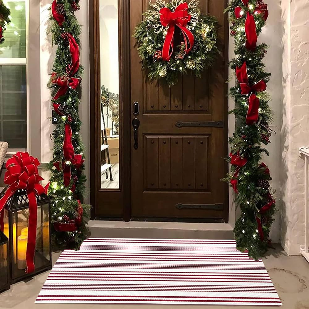 USTIDE Red and White Front Door Rug 23.6'' x 35'' Striped Layered Doormats Cotton Hand-Woven Reve... | Amazon (US)