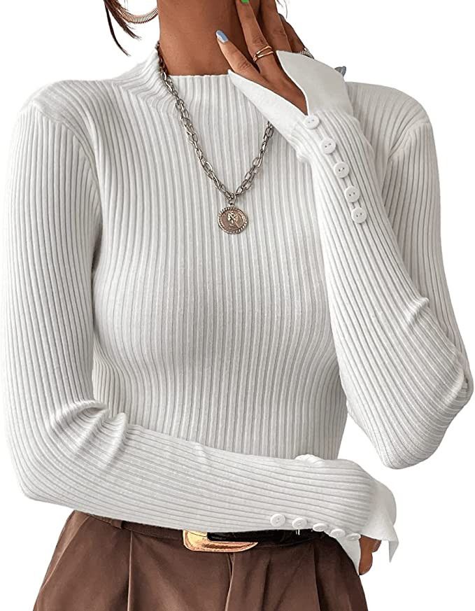 SweatyRocks Women's Split Cuff Long Sleeve Cropped Sweater Solid Mock Neck Button Ribbed Knit Cro... | Amazon (US)