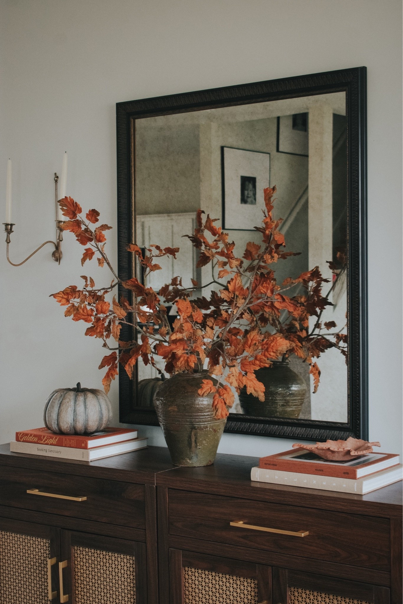 Oversized and realistic oak leaf branch. This one is gorgeous and j have two styled here.

#LTKSeasonal #LTKHome