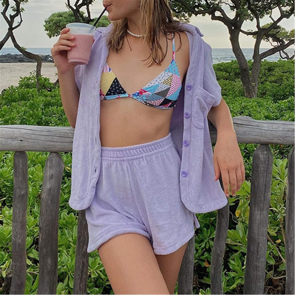 SAFRISIOR Women Solid Two Pieces Loungewear Loose Solid Sleepwear Casual Short Sleeve Cardigan Shirt | Amazon (US)