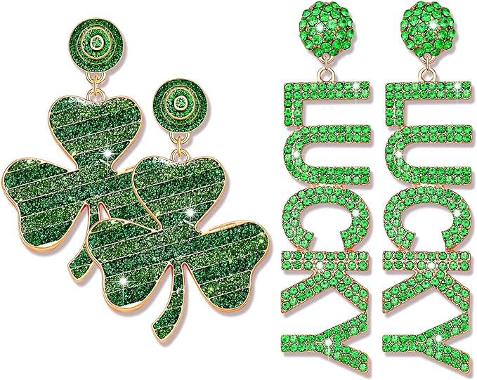 2 Pairs St. Patrick's Day Earrings for Women, Glitter Shamrock Earrings Green Irish Lucky Earring... | Amazon (US)