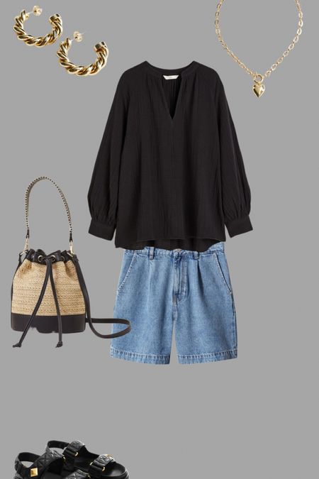 Pretty denim shorts with a simple black cheesecloth top, pendant necklace and twisted gold hoop earrings. Add a basket bucket bag and dad sandals.
