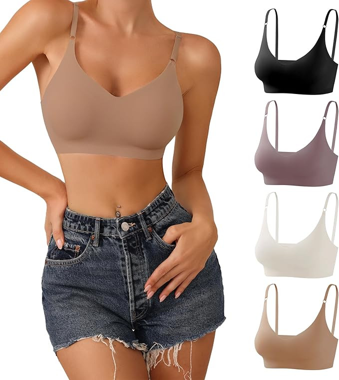 DEANGELMON V Neck Bralettes Padded Seamless Adjustable Straps Bra Everyday Basic Sleeping Bras | Amazon (US)