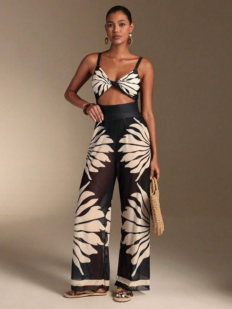 Swim Oasis Women's Patchwork Color Swimsuit With Wide Leg Pants, Beach Resort Vacation Set 2026 New Women's Swimwear ArrivalFor School,Suitable For Holiday, Date, Afternoon Tea, Western, Cruise, Beach, Island, Road Trip, All Seasons, Music Festival, Boho Vacation,Bohemian Vacation, Chill Autumn ,Western Boho ,Elegant Tops For Women Lively Holiday Colorful Prints Boho | SHEIN