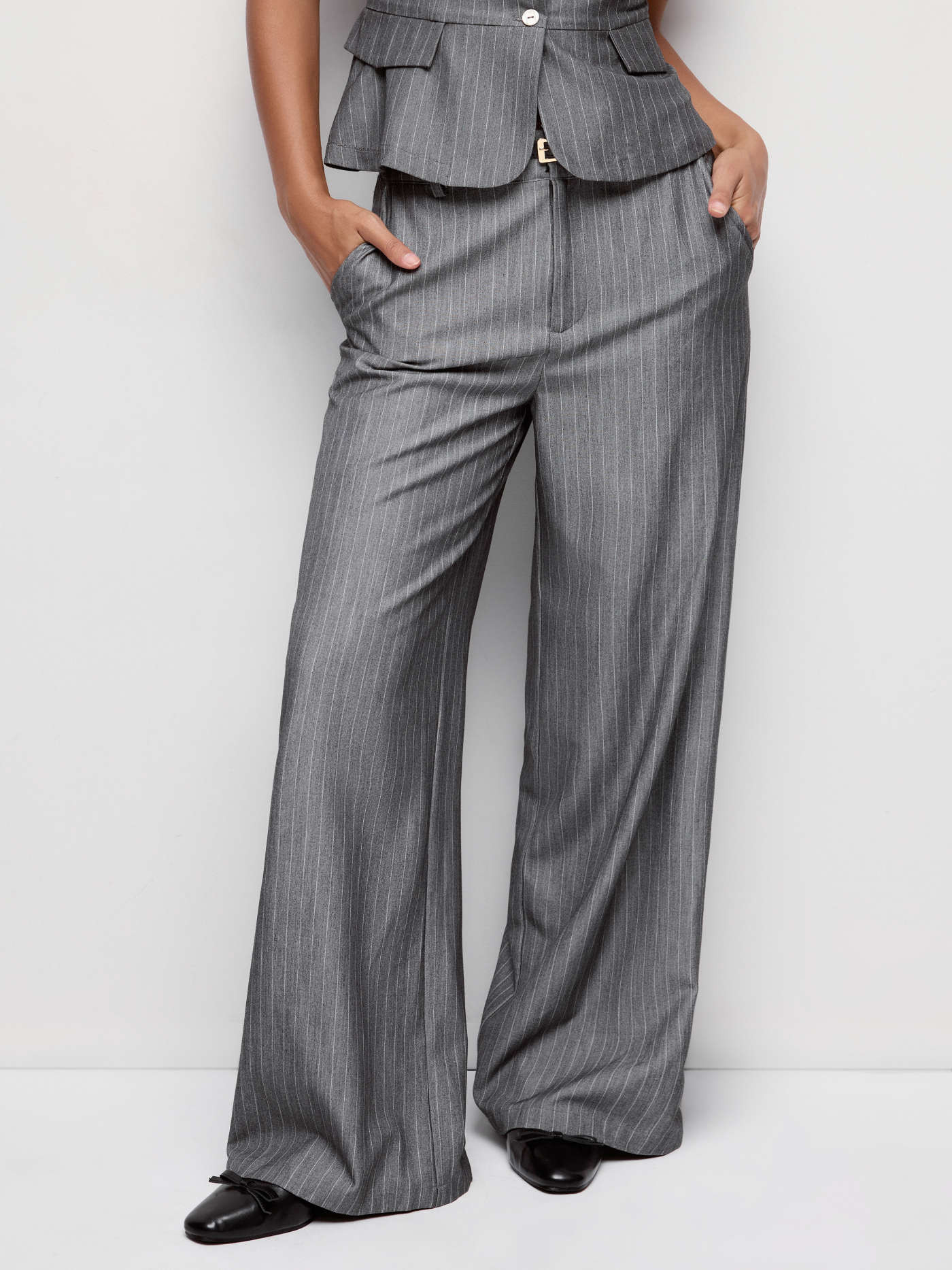 Woven Mid Rise Striped Wide Leg Trousers With Belt For Daily Casual Work | Cider