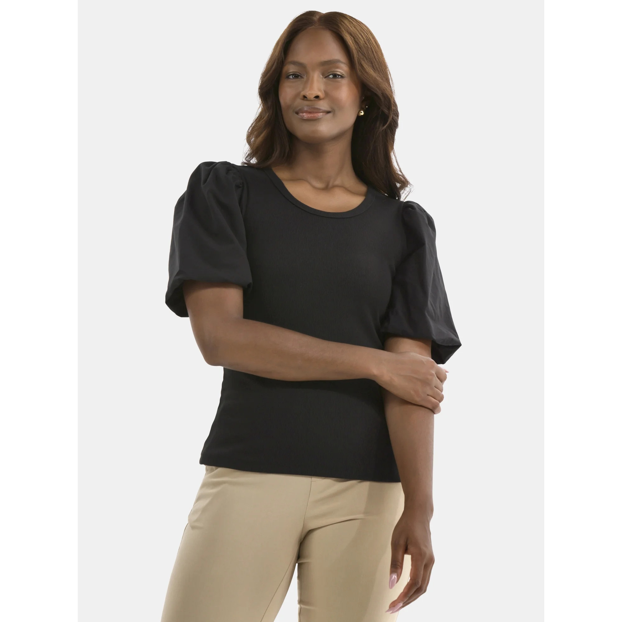 Time and Tru Women's Mixed Media Top with Puff Sleeves, Sizes XS-XXXL - Walmart.com | Walmart (US)
