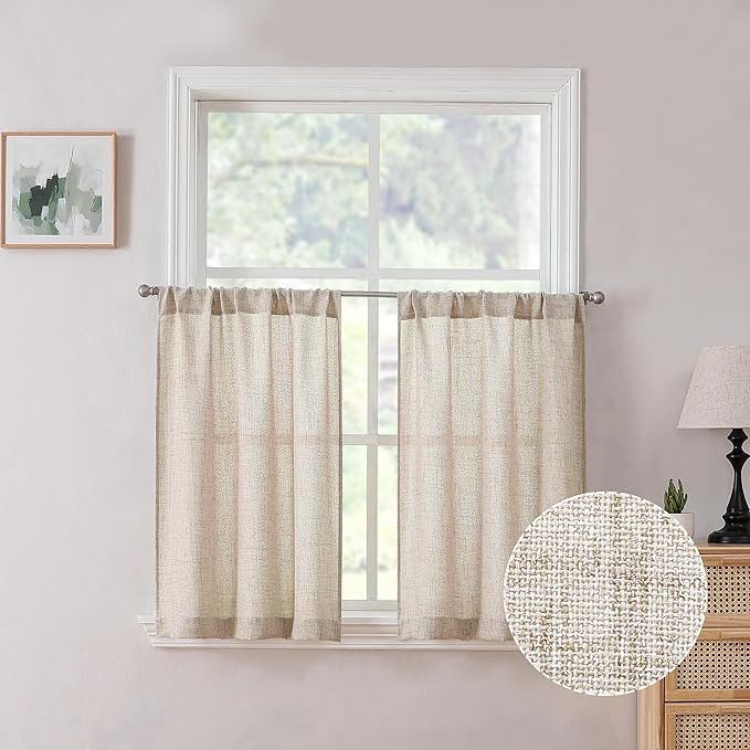 Tollpiz Linen Tier Curtain Rod Pocket Semi Sheer Half Kitchen Curtains Burlap Light Filtering Thi... | Amazon (US)