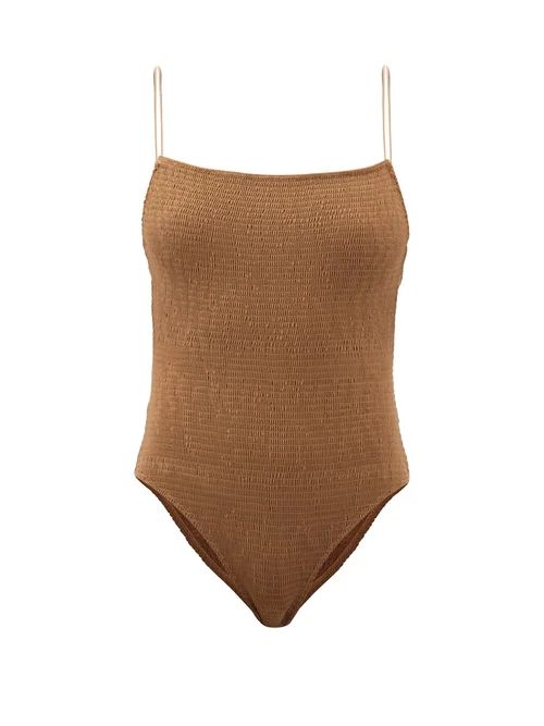 Totême - Shirred Recycled-fibre Swimsuit - Womens - Light Brown | Matches (US)