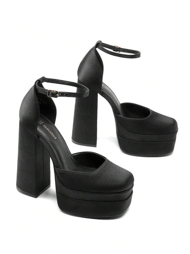 Women Platform High Chunky Block Heels Pumps Square Closed Toe Ankle Strap Solid Color Wedding Pa... | SHEIN