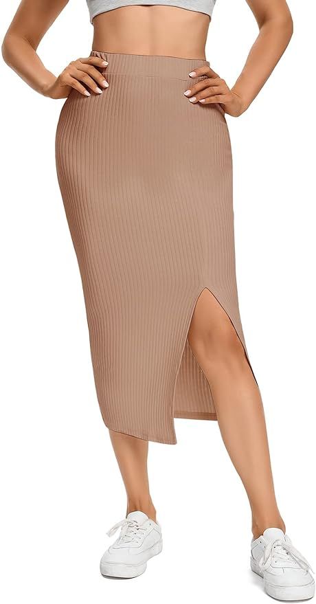 LYANER Women's High Waist Stretchy Rib Knit Split Slit Hem Midi Pencil Skirt | Amazon (US)