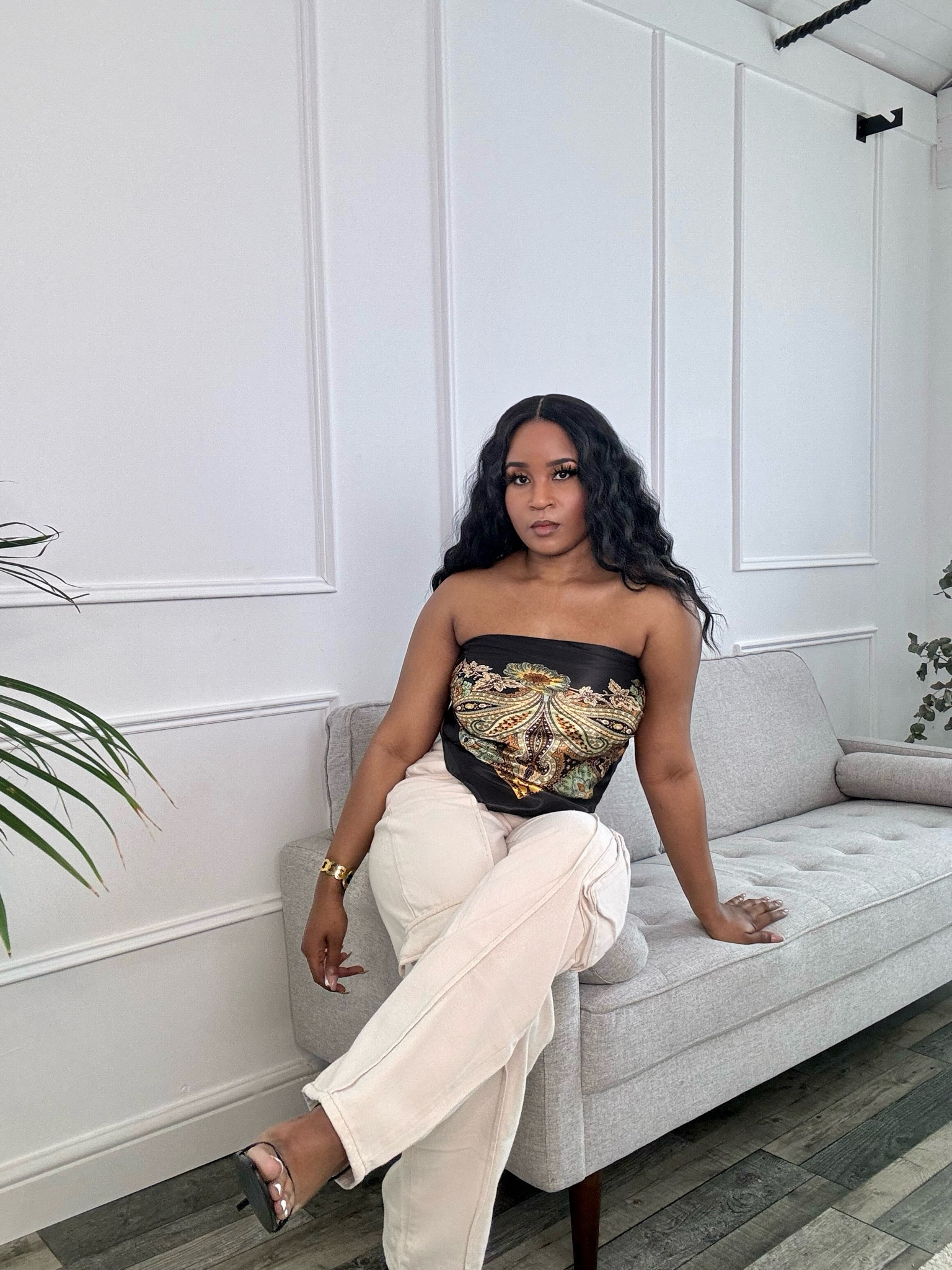 Pretty Little Thing Sand Cargo Pocket Detail Baggy Boyfriend Jeans and Black Bandana headscarf made into a top. Lullabellz curly hair unit. Casual fit.

Black Woven Printed Bandana Style Bandeau Top and black strappy heals.

#plt #prettylittlething #summerclothing #curlyhair #whitecargos #casualfit #casualclothing #whitepants #bandeautop 

#LTKsummer #LTKuk #LTKstyletip