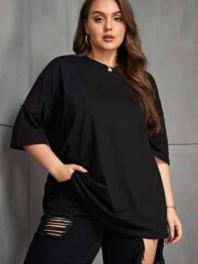 INAWLY Plus Size Solid Color Round Neck Dropped Shoulder Casual Loose Fit T-Shirt, Versatile For ... | SHEIN