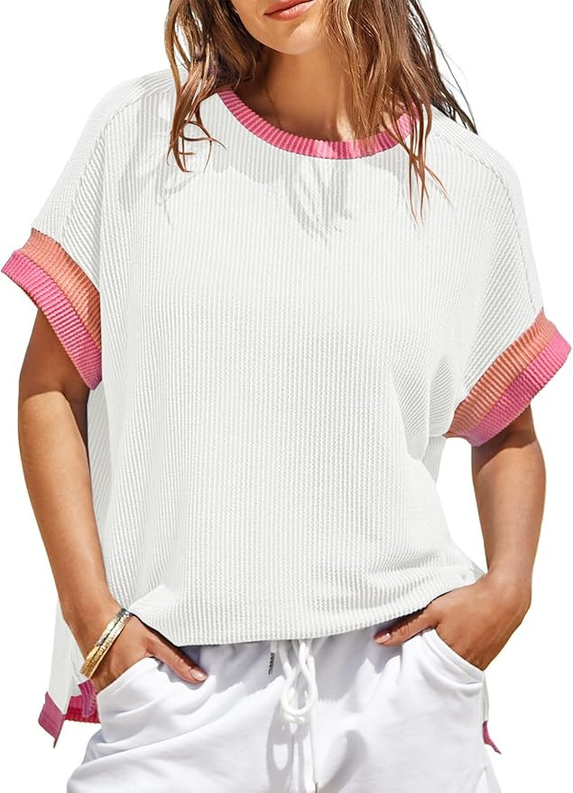 Womens Color Block Oversized Tops Trendy Casual Summer Textured Ribbed Knit T Shirts Loose Fit Sh... | Amazon (US)