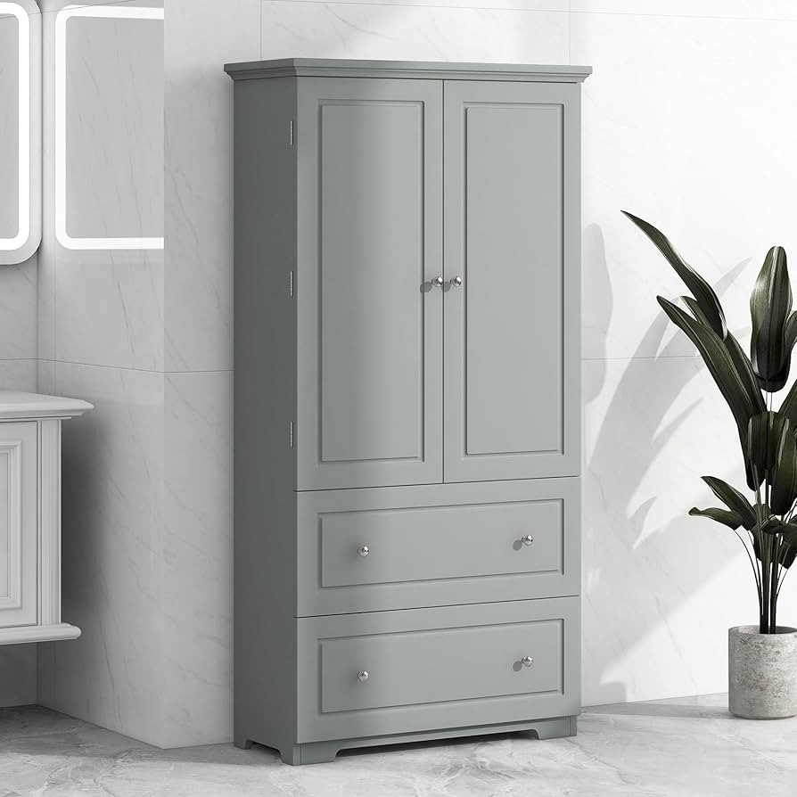 Tall Bathroom Storage Cabinet, Freestanding Linen Cabinet with 2 Doors, 4 Shelves, and 2 drawers,... | Amazon (US)