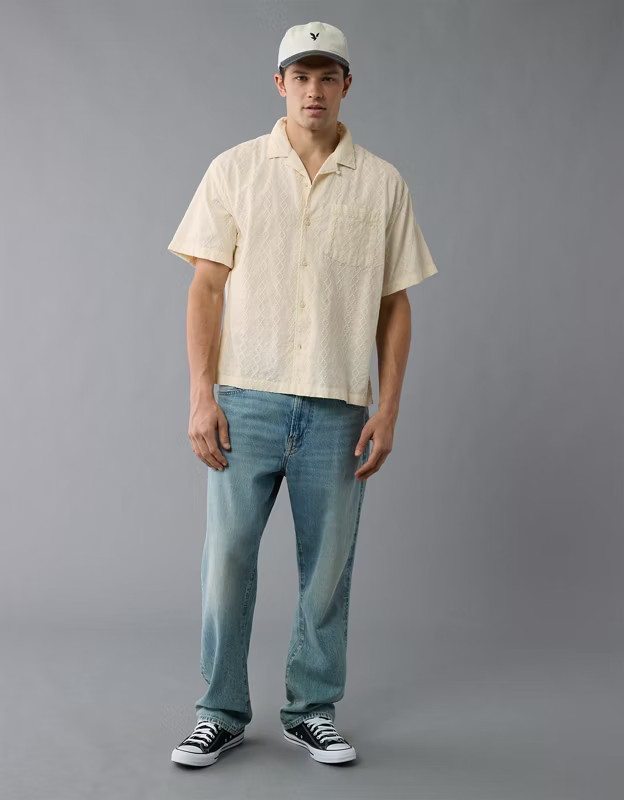 AE Poolside Textured Printed Button-Up Shirt | American Eagle Outfitters (US & CA)