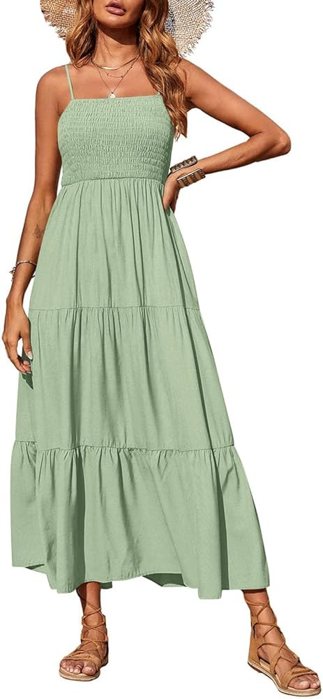 PRETTYGARDEN Women's Summer Maxi Dress 2025 Casual Boho Sleeveless Spaghetti Strap Smocked Tiered... | Amazon (US)