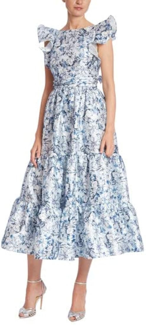 Badgley Mischka Floral Print Ruffled Shoulder Dress with Tiered Skirt | Amazon (US)