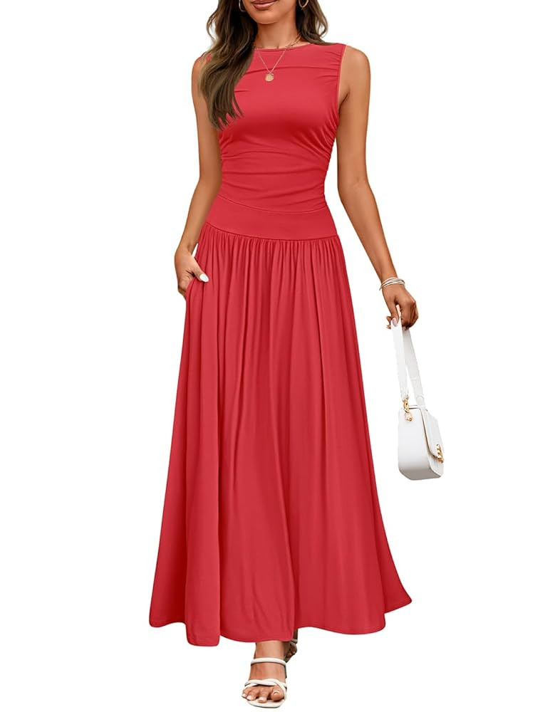 ZESICA Women's Summer Sleeveless Maxi Dress 2025 Casual Crewneck Pleated Flowy Long Dress with Po... | Amazon (US)
