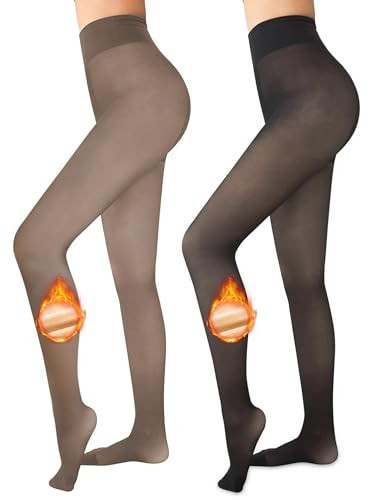 Ibeauti 2 Pairs Womens Fleece Lined Tights Sheer Warm Fake Translucent Thermal Pantyhose Stretchy Thick Fleece Tights Control Top (Black-Coffee,Thick Fleece,Small-Medium) | Amazon (US)