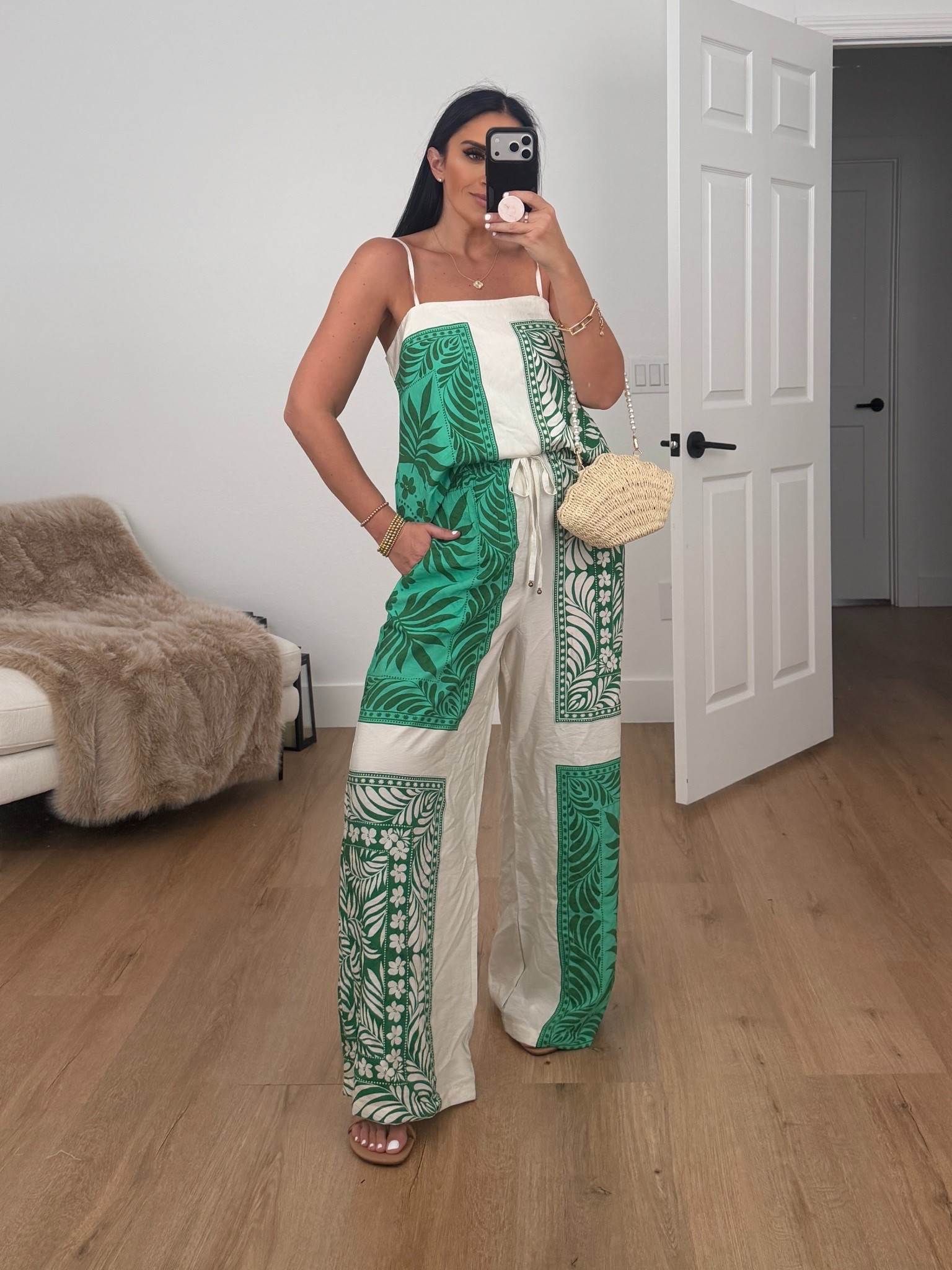 Relaxed Riviera Tropical Print Top wearing size medium. Relaxed Riviera Tropical Print Relaxed Drawstring Pant wearing size medium. 