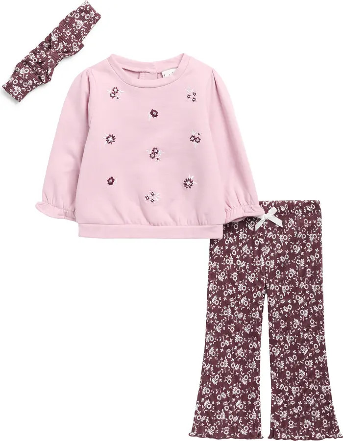 Floral Fleece Sweatshirt, Ribbed Leggings & Headband Set | Nordstrom Rack