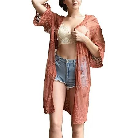 Womens Embroidered Geometric Mesh Kimono Cardigan (Rust) | Walmart (US)