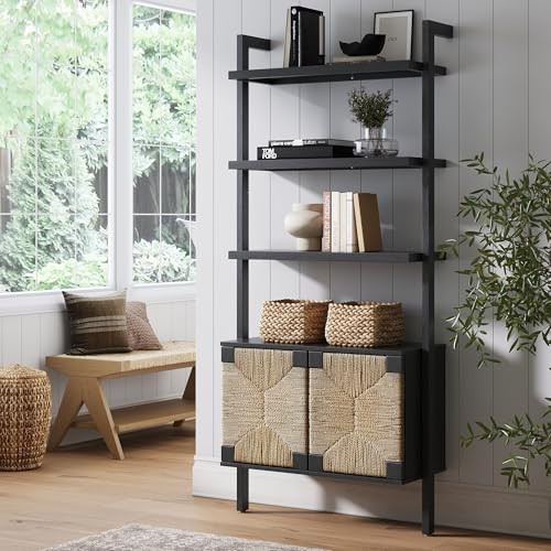 Nathan James Beacon 3-Shelf Bookcase with Seagrass Cabinet, Solid Wood Boho Bookshelf with Storage with Solid Wood Frame, Seagrass/Black | Amazon (CA)