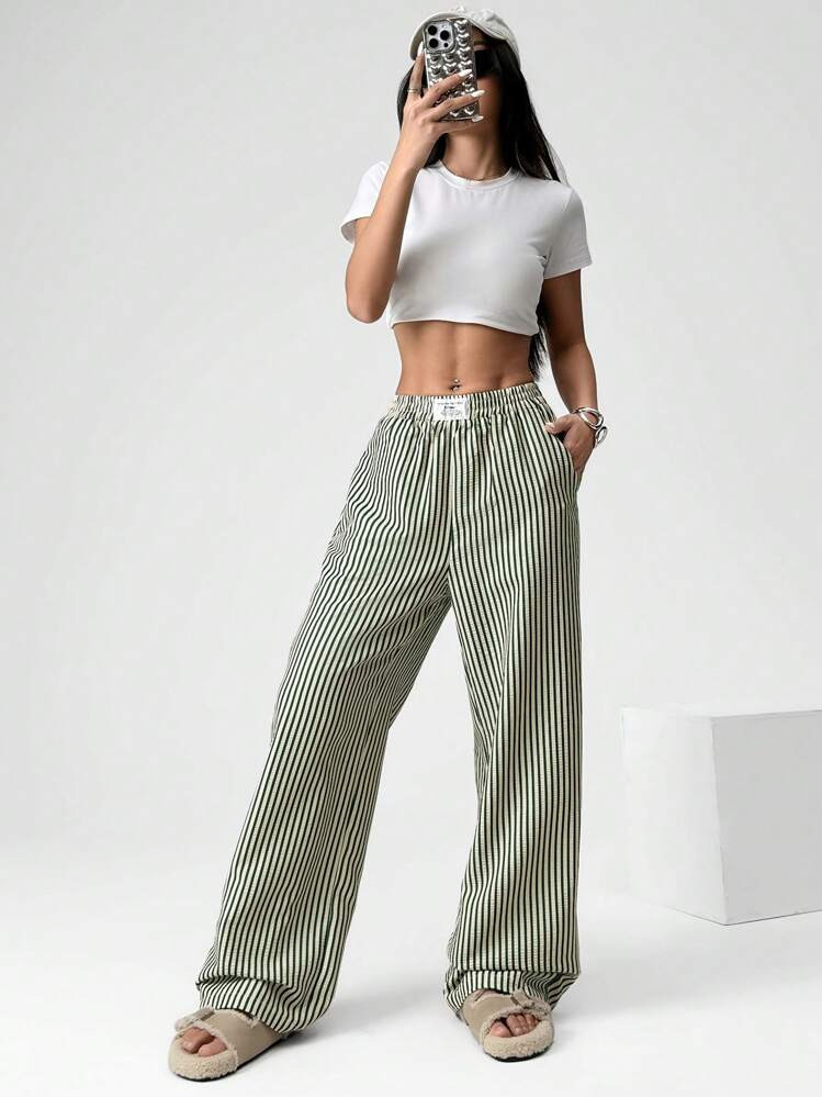 SHEIN EZwear Women's Casual Striped Woven Wide-Leg Pants | SHEIN