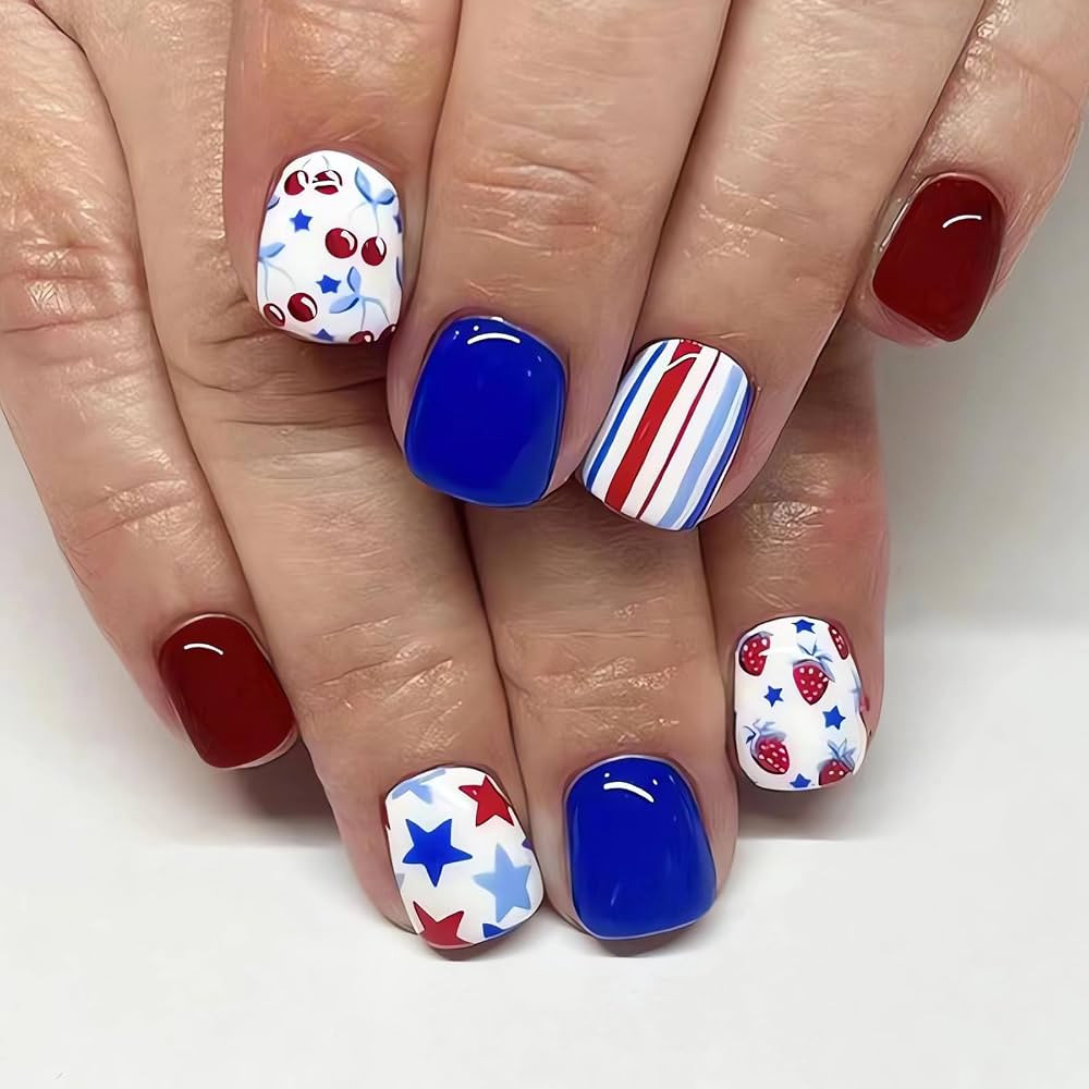 Blue Red White Press on Nails Short Square Fake Nails Cute Star Cheery Strawberry Glue on Nails I... | Amazon (US)
