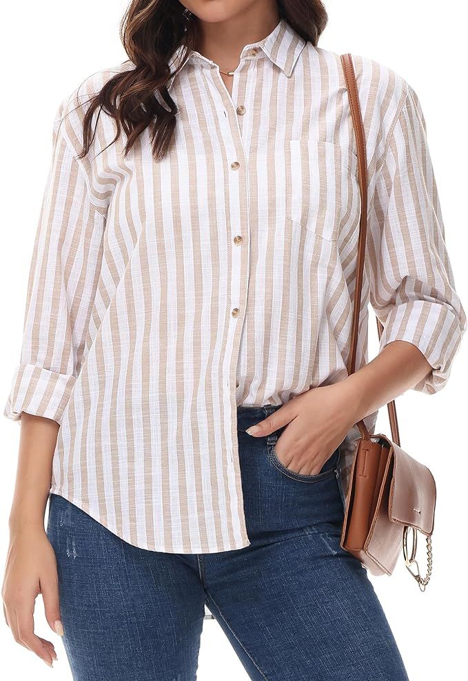 MCEDAR Women's Oversized Linen Button Down Shirts Plus Size Boyfriend Shirt Casual Long Sleeve So... | Amazon (US)