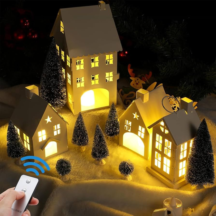 Geetery 17 Pcs Lighted Christmas White Village Houses Set Metal Christmas Village Buildings with ... | Amazon (US)
