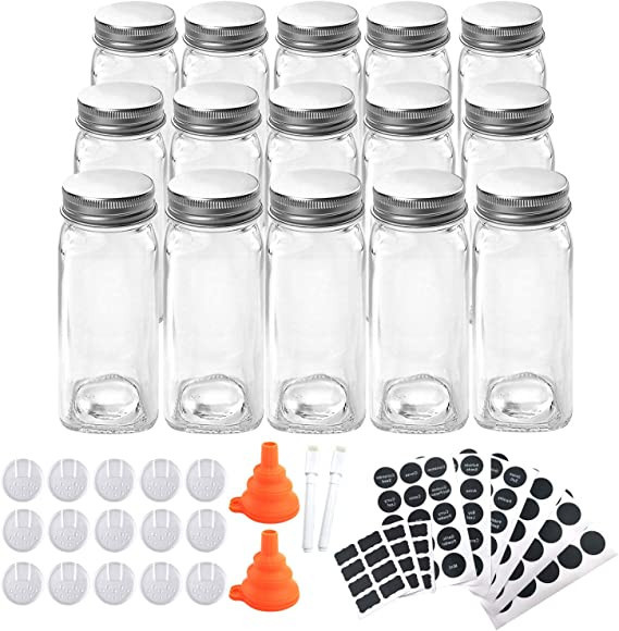 15 Pcs 4 Oz Square Glass Spice Jars with Shaker Lids and Airtight Metal Caps, Including 2 Pcs Sil... | Amazon (US)