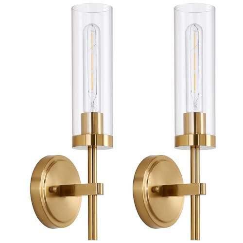 Hardwired Gold Wall Sconces Set of 2, Modern Bathroom Sconces Wall Lighting Vanity Light Fixtures with Clear Glass, Brushed Brass Wall Decor Lights for Mirror Living Room Bedroom Hallway Stairwell | Amazon (US)