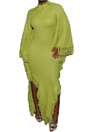 LETSVDO Women's Fringe Sweater Dress Long Sleeve Bodycon Batwing Knit Mock Neck Slit High Low Party Maxi Dresses | Amazon (US)