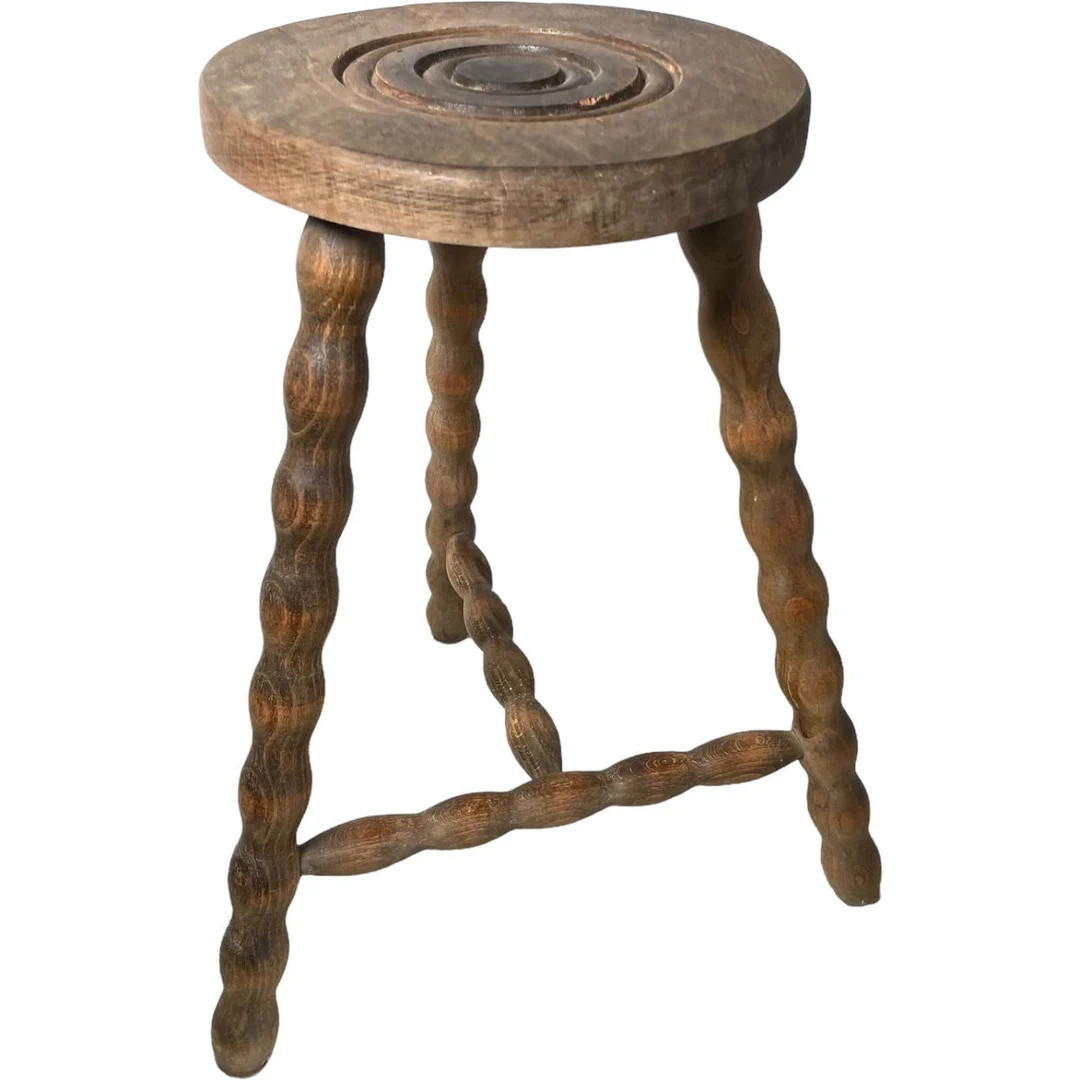 Vintage French Stool Chair Seat Wooden Milking Kitchen Round Shaped Seat Braced Bobbin Leg Plant ... | Etsy (US)