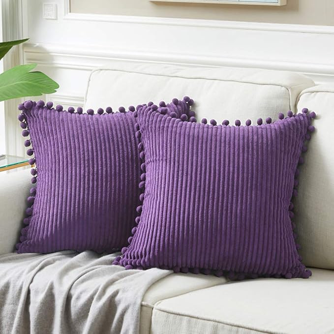 Fancy Homi 24x24 Pillow Covers, Pack of 2 Purple Throw Pillow Covers with Pom-poms, Super Soft Co... | Amazon (US)