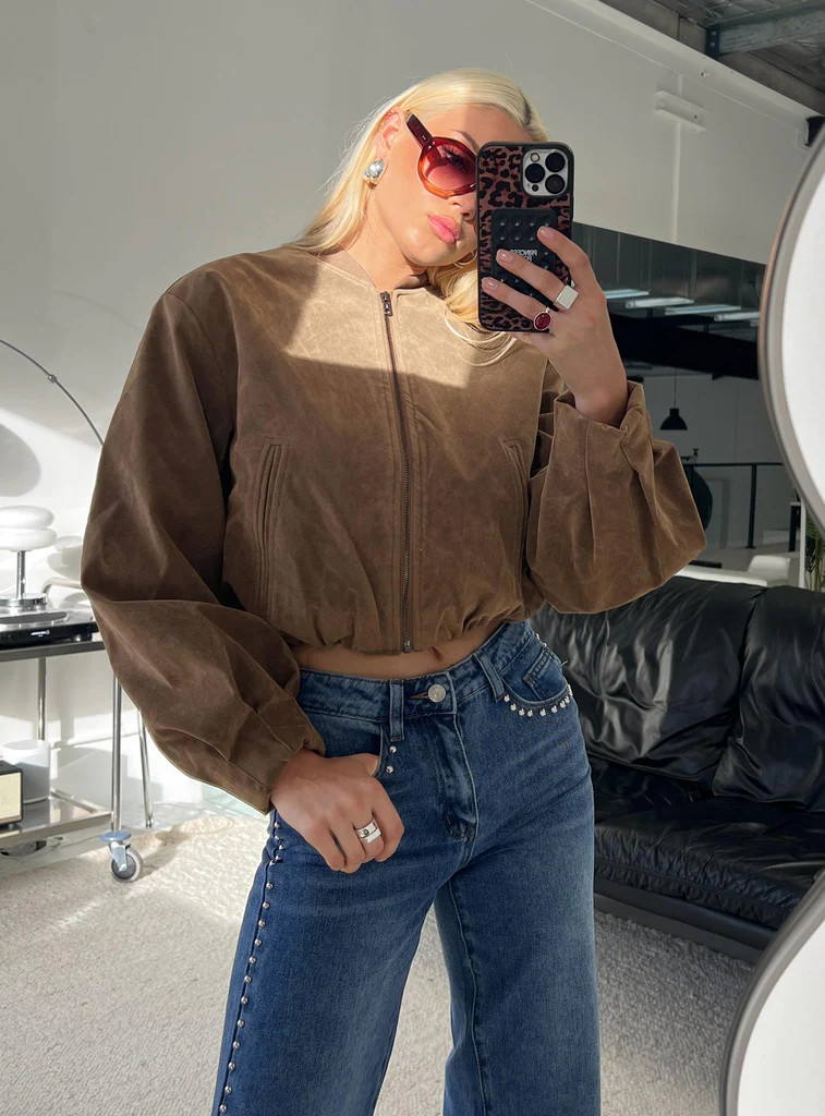 Mastery Faux Suede Bomber Jacket Brown | Princess Polly US