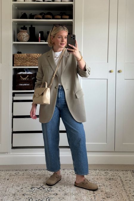 Easy spring outfit - The best white tee (I wear size S) - love the shape of these jeans (I wear w28) - the blazer is old H&M and I’ve linked similar ones below 