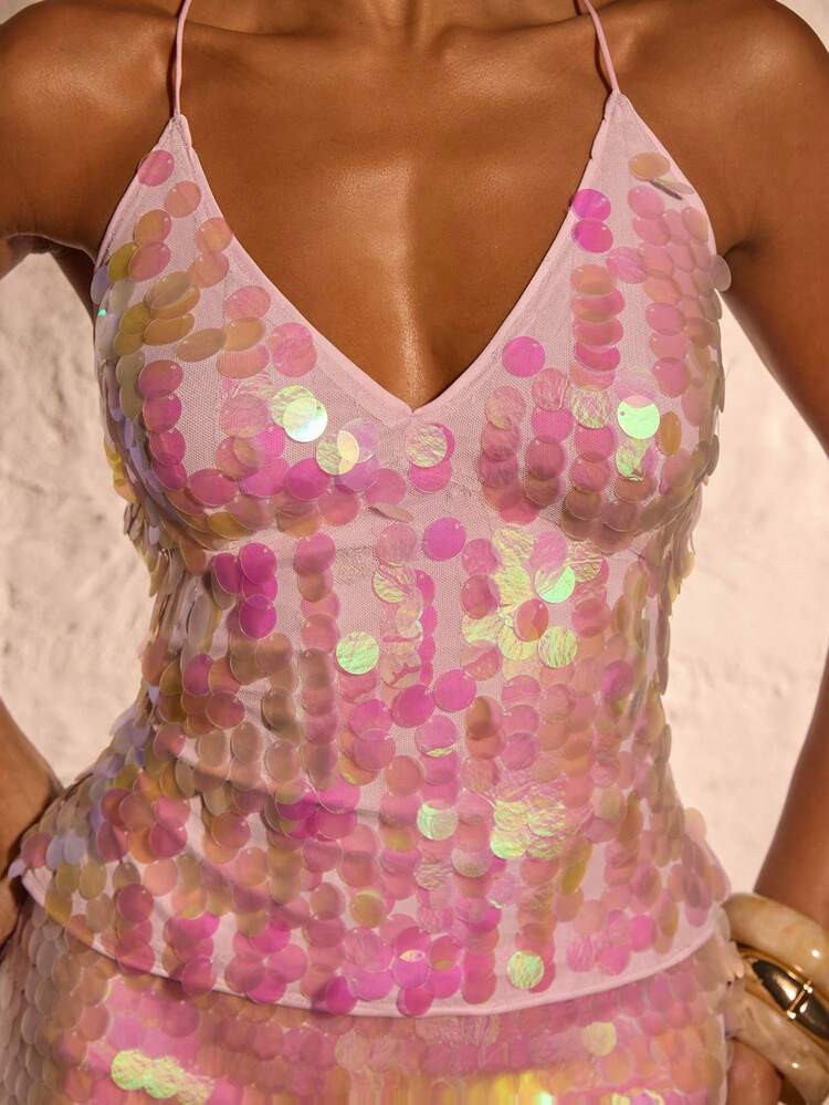 Opulessa Hot Pink Iridescent Sequin Backless Camisole For Women,Summer 70s Y2k Party Night Out Top,Elegant Luxury Evening Prom Graduation Chic Date Night | SHEIN
