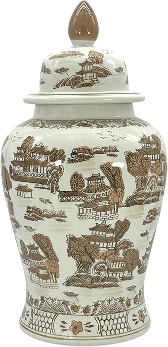 Galt International Large 25" Brown & White Classic Landscape Chinoiserie Ceramic Temple Jar w/Lid... | Amazon (US)
