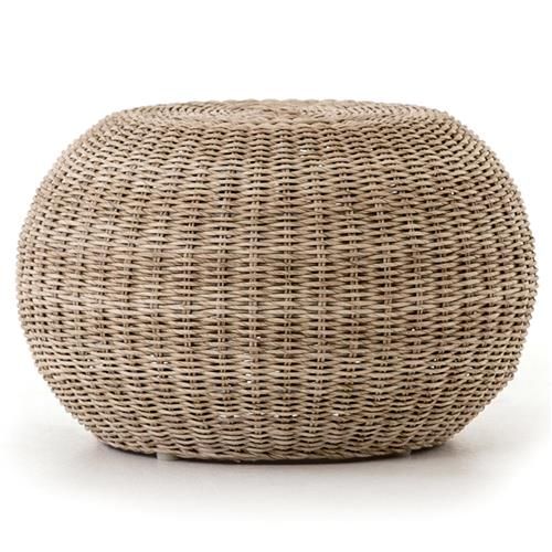 Airah Coastal Beach Beige Rounded Woven Wicker Outdoor Ottoman | Kathy Kuo Home