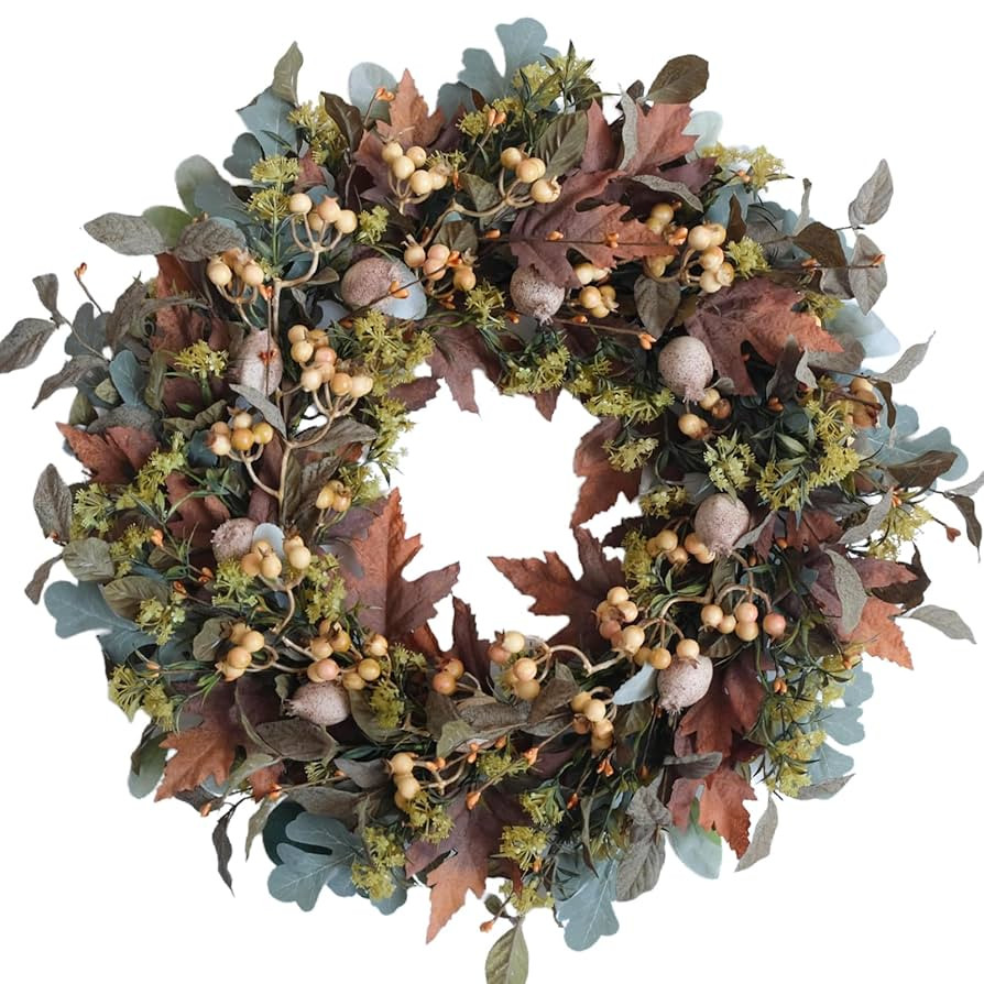 24-inch Fall Wreath Handcrafted Brown Green Maple Leaves White Fruits Fall Wreath Front Door Fire... | Amazon (US)
