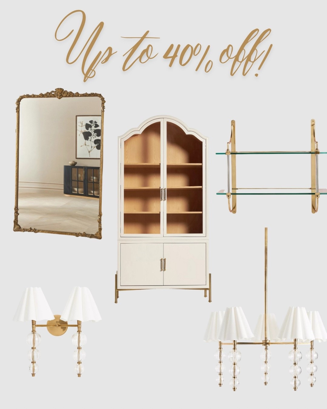 Anthropologie up to 40% off sale! Gold mirror, display cabinet, scalloped chandelier, sconce, glass shelf, living room, family room, dining room, sale alert 

#LTKFindsUnder50 #LTKHome #LTKSaleAlert