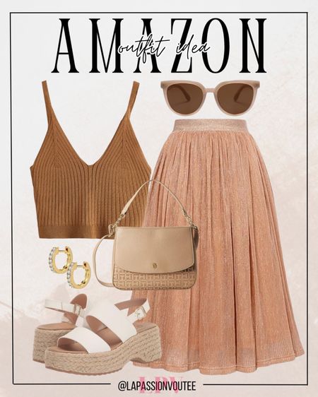 Channel your inner fashionista with this Amazon outfit inspiration! Pair a ribbed knit cami top with a pleated chiffon skirt, accessorized with hoop earrings, sunglasses, a handbag, and espadrille wedge sandals.

#LTKSeasonal #LTKstyletip #LTKfindsunder100