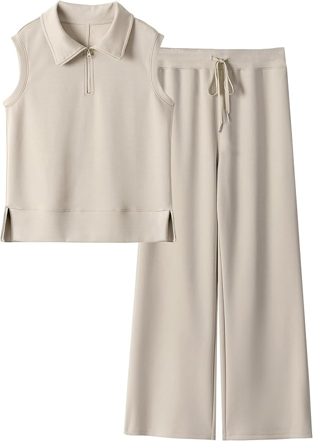 Caracilia Women's 2 Piece Lounge Sets Summer Casual Outfits Half Zip Lapel Sweatsuits Wide Leg Pa... | Amazon (US)