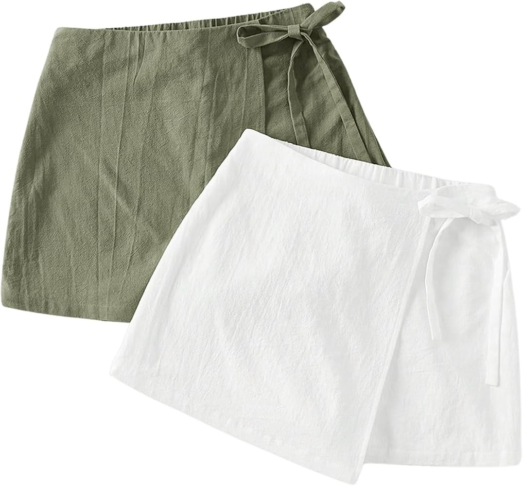 Milumia Women's 2 Pack Bowtie Side Wrap Skort Elastic Waist Solid Linen Shorts | Amazon (US)